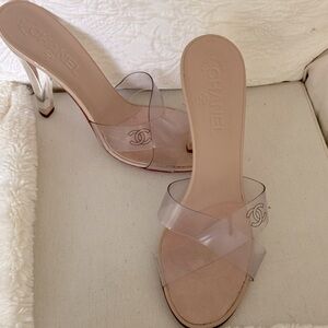 CHANEL Lucite Heels. Clear Criss-Cross Straps w/ CC logo.Slip-on & open back! 🥰